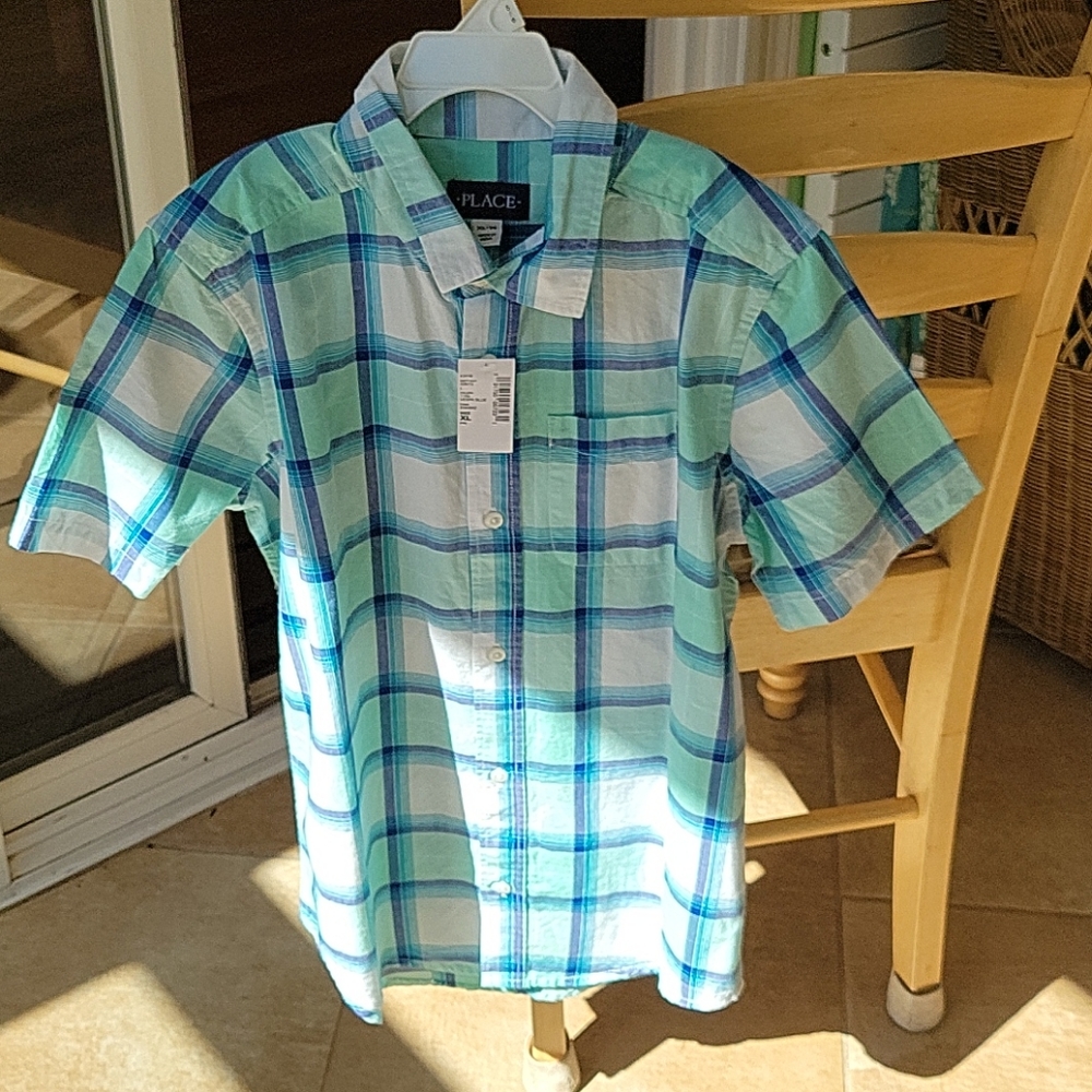 Children's place blue green plaid shirt 14